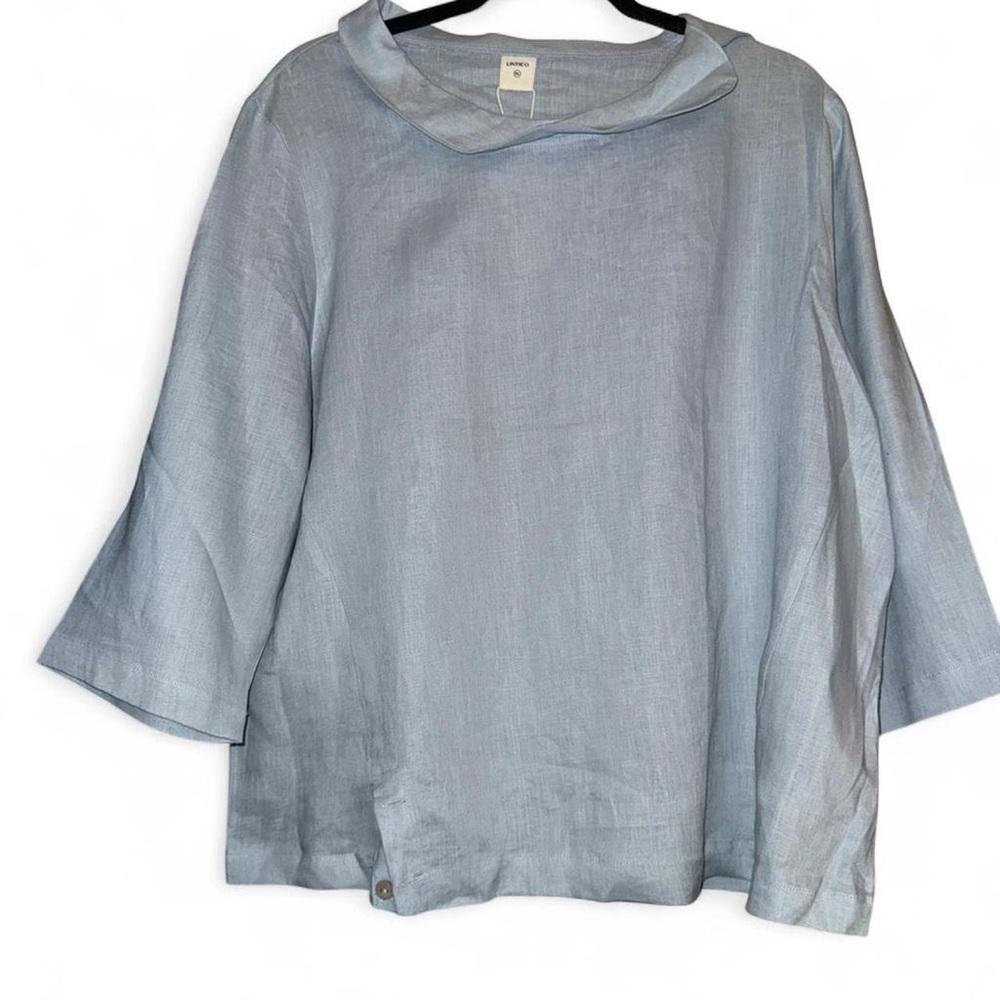 Lintico Blue linen blend collar top with 3/4 sleeves and button details. Sz XXL